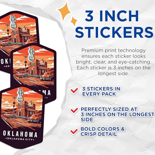 (3 Pack) Oklahoma City Decals - Route 66 Stickers - Retro Travel Decals - 3 Inches On Longest Side - Easy Peel & Apply - Made in USA - 3MCS0377