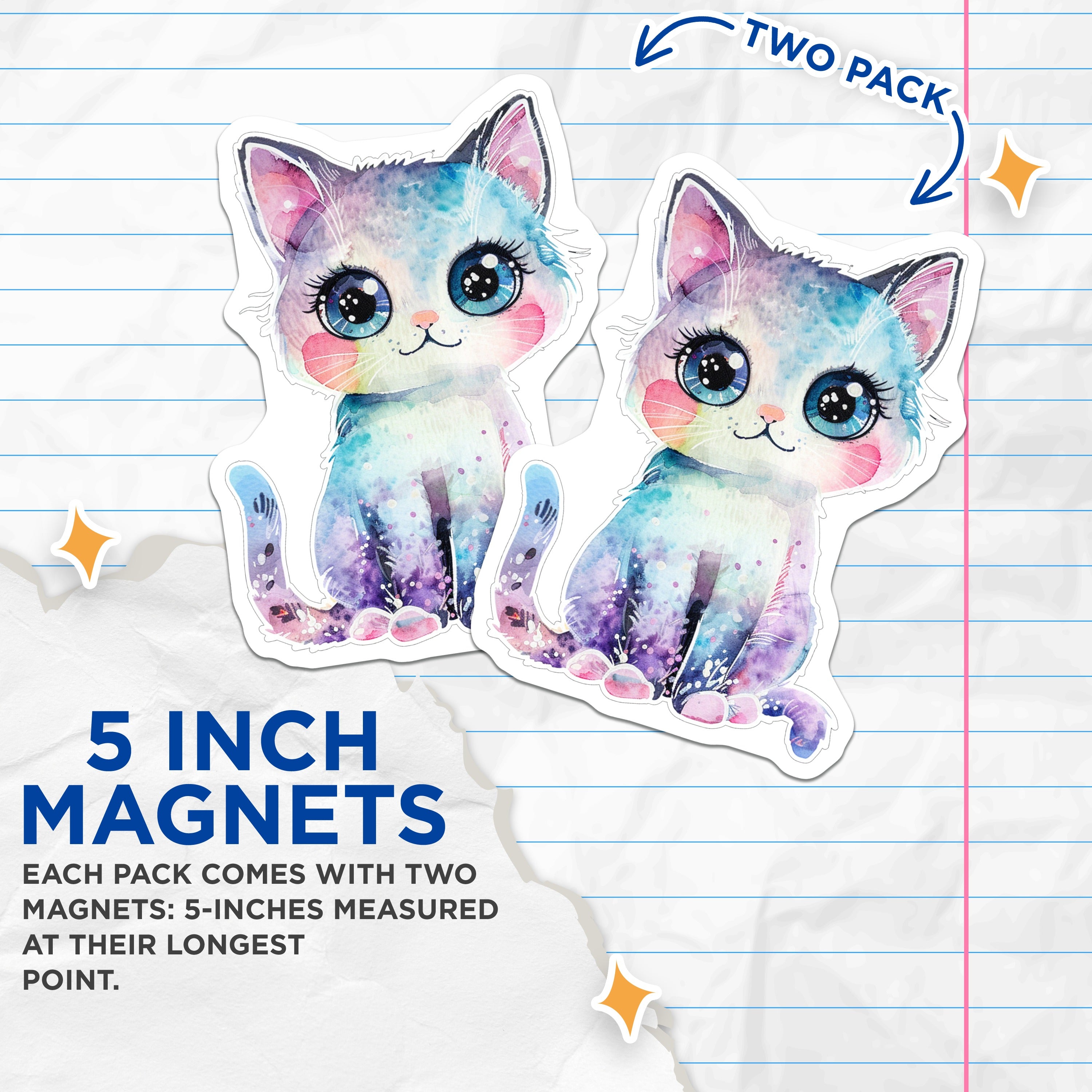 (2 Pack) Kawaii Cat Magnets - Watercolor Animal Lover Art - Fantasy Kitty Decor - 5 Inches On Longest Side - Thick Durable Magnet - Made in USA - MAG39601