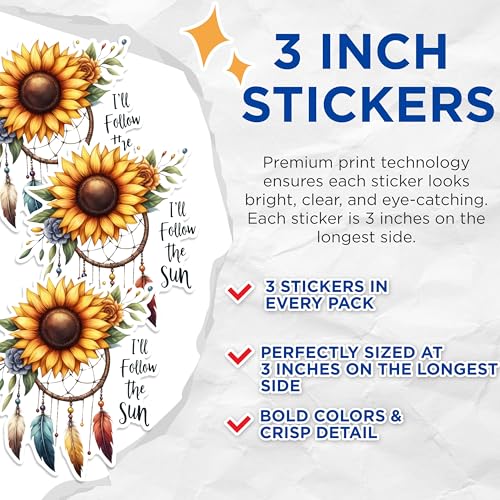 (3 Pack) Sunflower Dreamcatcher Decals - Boho Decor - Laptop Decals - 3 Inches On Longest Side - Easy Peel & Apply - Made in USA - 3MCS1431