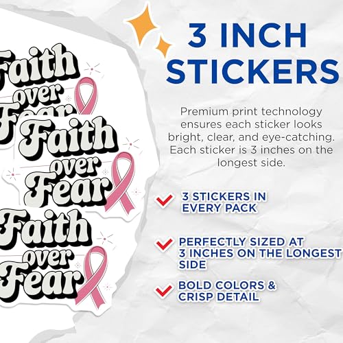 (3 Pack) Faith Over Fear Decals - Breast Cancer Awareness - Inspirational Laptop Decals- 3 Inches On Longest Side - Easy Peel & Apply - Made in USA - 3MCS5445