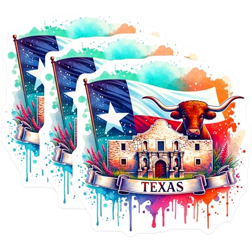 (3 Pack) Texas Pride Decals - Alamo Art - Longhorn Laptop Decals- 3 Inches On Longest Side - Easy Peel & Apply - Made in USA - 3MCS5683