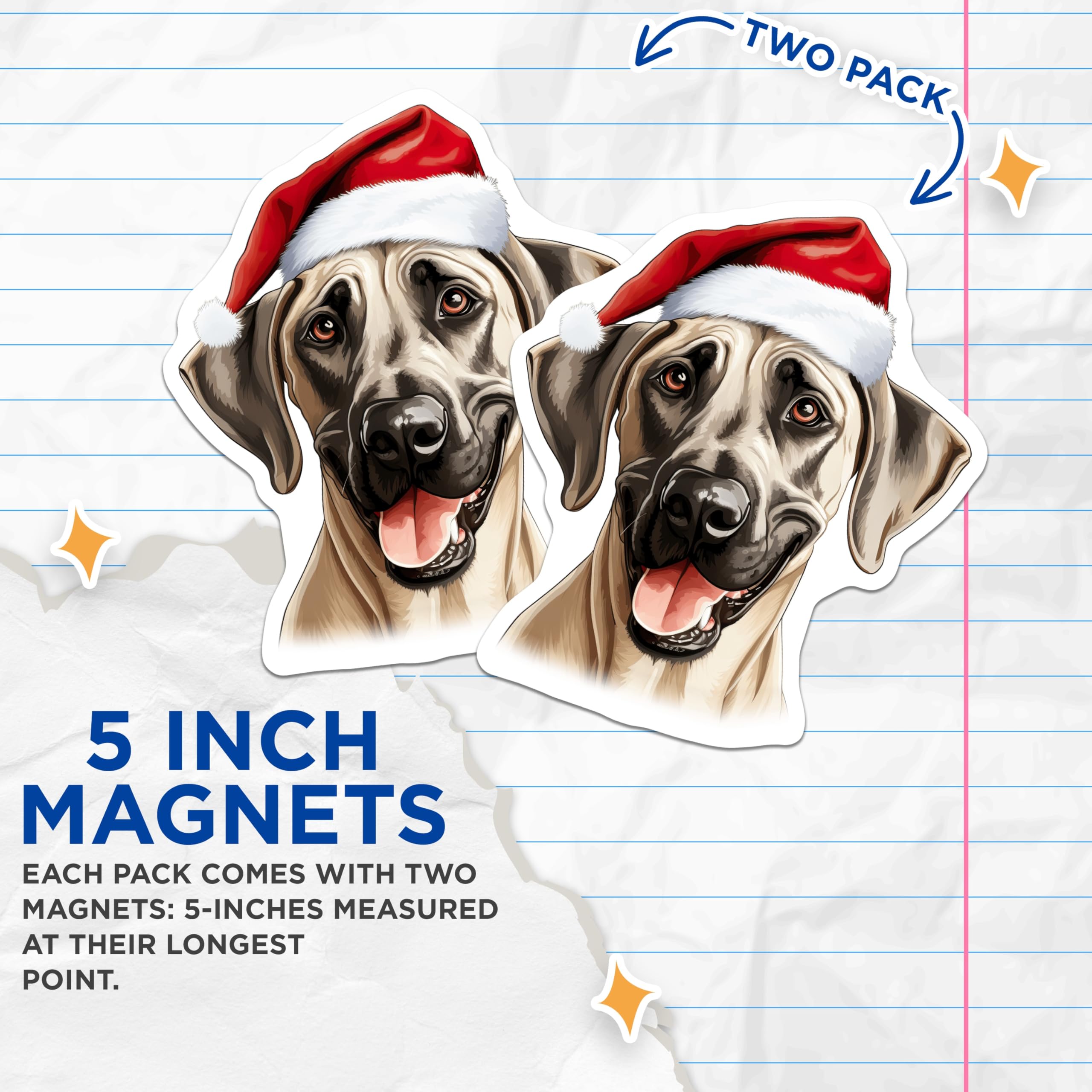(2 Pack) Great Dane Santa Magnets - Christmas Dog Decor - Holiday Refrigerator Art - 5 Inches On Longest Side - Thick Durable Magnet - Made in USA - MAG24433