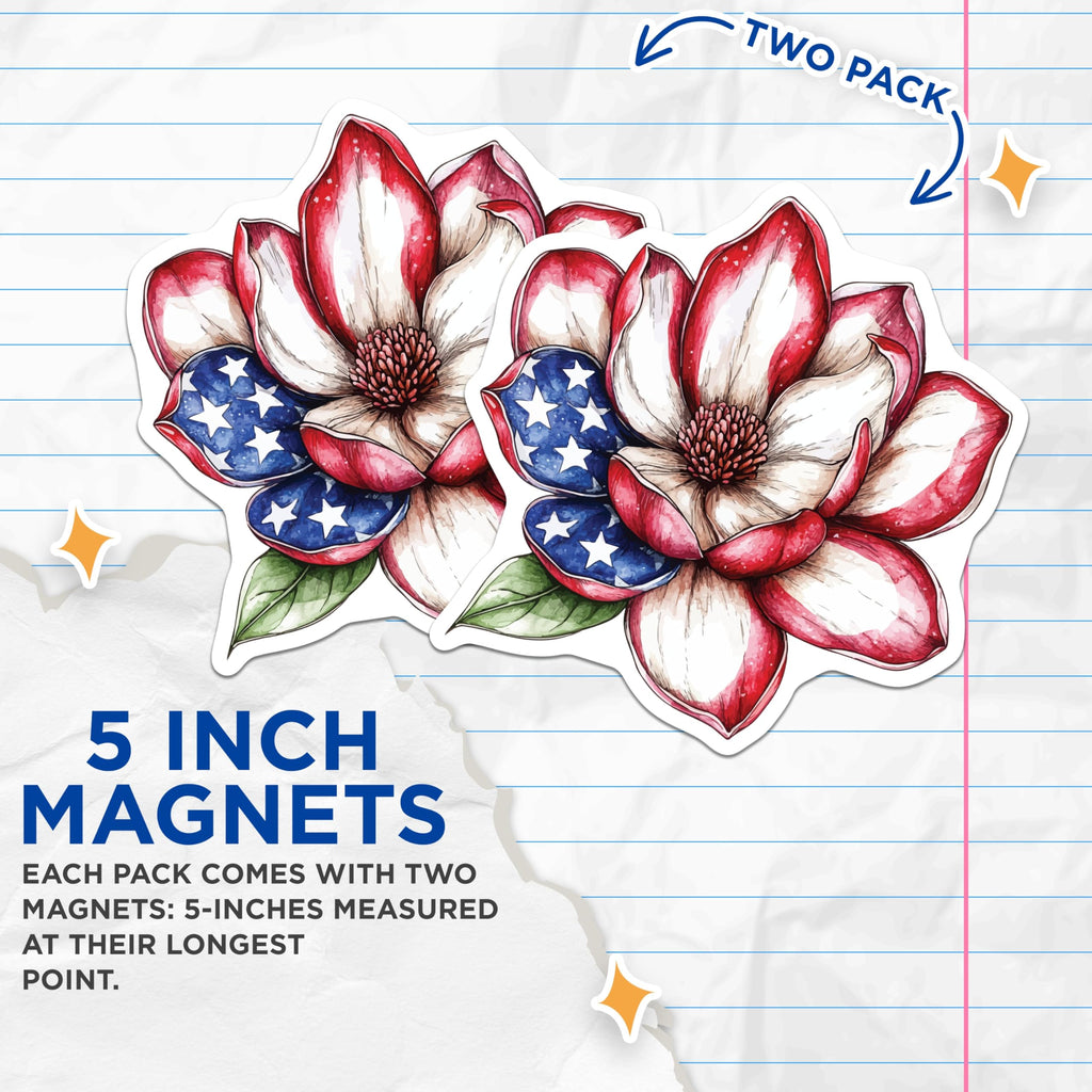 (2 Pack) Patriotic Magnolia Magnets - American Flag Flower - Fourth of July Decor - 5 Inches On Longest Side - Thick Durable Magnet - Made in USA - MAG20046