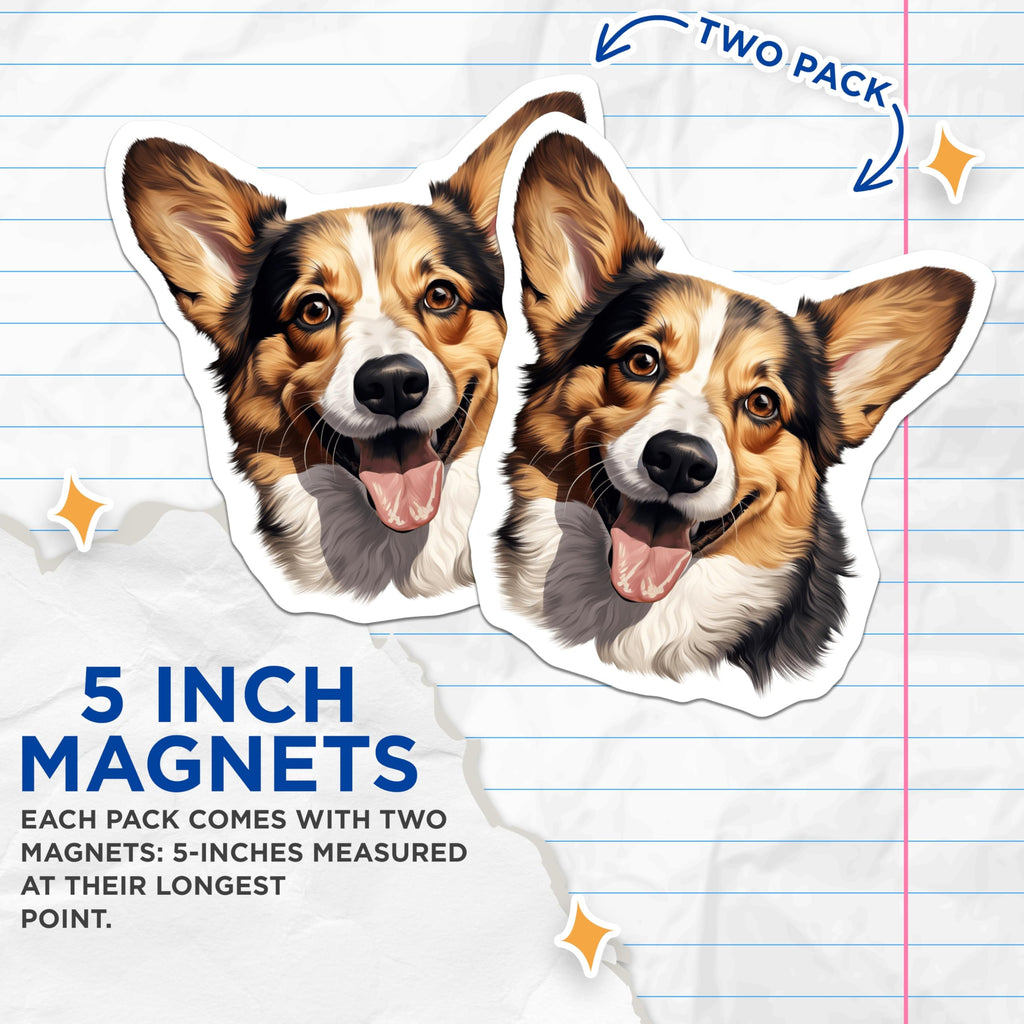 (2 Pack) Happy Corgi Dog Magnets - Cute Pet Lover Refrigerator Decor - Dog Mom Kitchen Office Locker Accessories - 5 Inches On Longest Side - Thick Durable Magnet - Made in USA - MAG29443