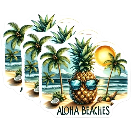 (3 Pack) Aloha Beaches Decals - Tropical Pineapple - Summer Beach Vibe- 3 Inches On Longest Side - Easy Peel & Apply - Made in USA - 3MCS5016