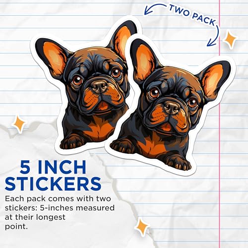(2 Pack) Adorable French Bulldog Stickers - Cute Puppy Stickers - Animal Lover Stickers for Laptop or Water Bottle - 5" On Longest Side - Sticks to Smooth Flat Surfaces - Made in USA - BMCS3944