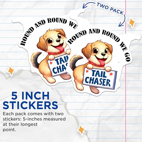 (2 Pack) Round and Round We Go Stickers - Tail Chaser Puppy Stickers - Cute Dog Cartoon Decals - 5" On Longest Side - Sticks to Smooth Flat Surfaces - Made in USA - BMCS3735