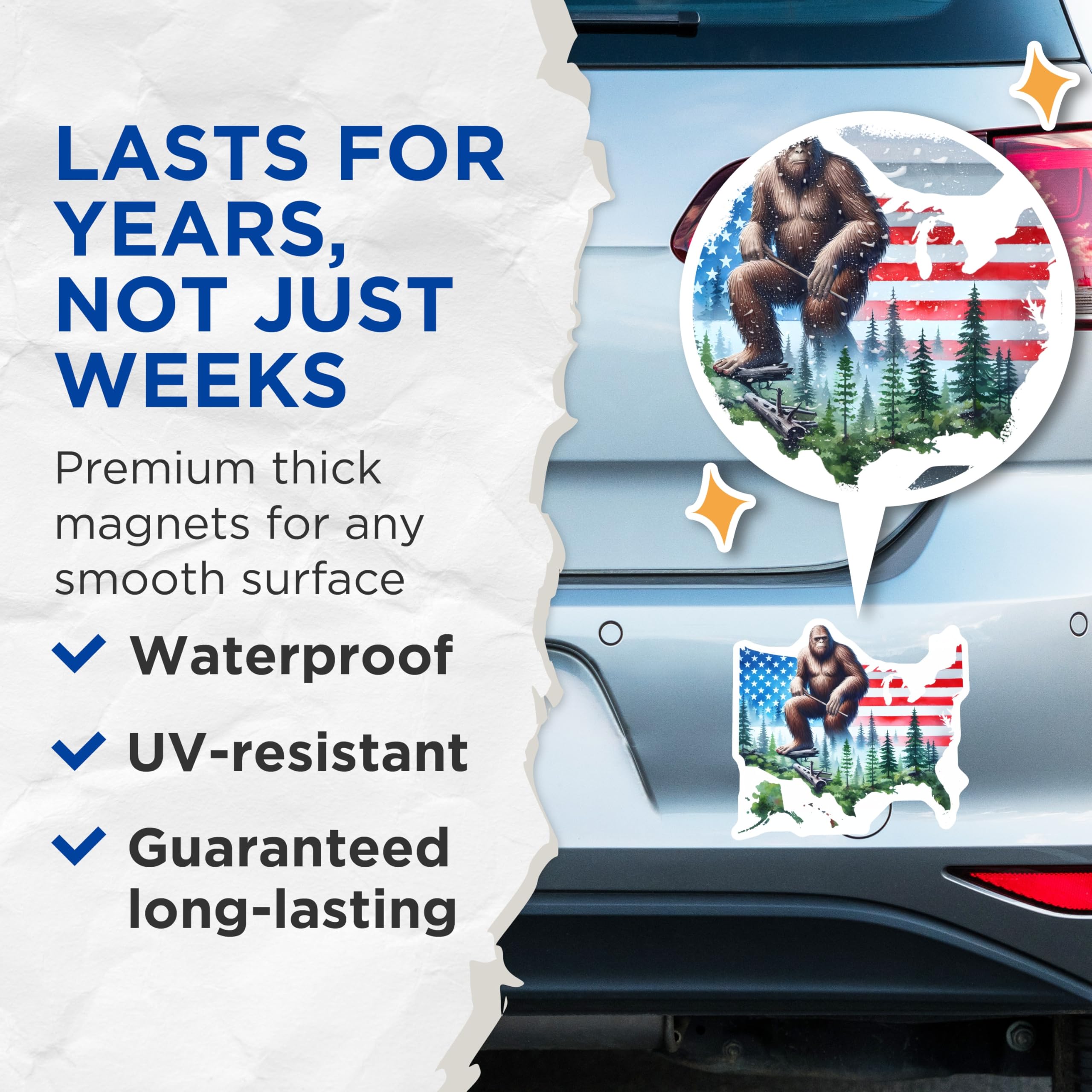 (2 Pack) Bigfoot Sasquatch Magnets - American Flag USA Outline - Forest Cryptid Creature Decor - Patriotic United States Art - 5 Inches On Longest Side - Thick Durable Magnet - Made in USA - MAG22966