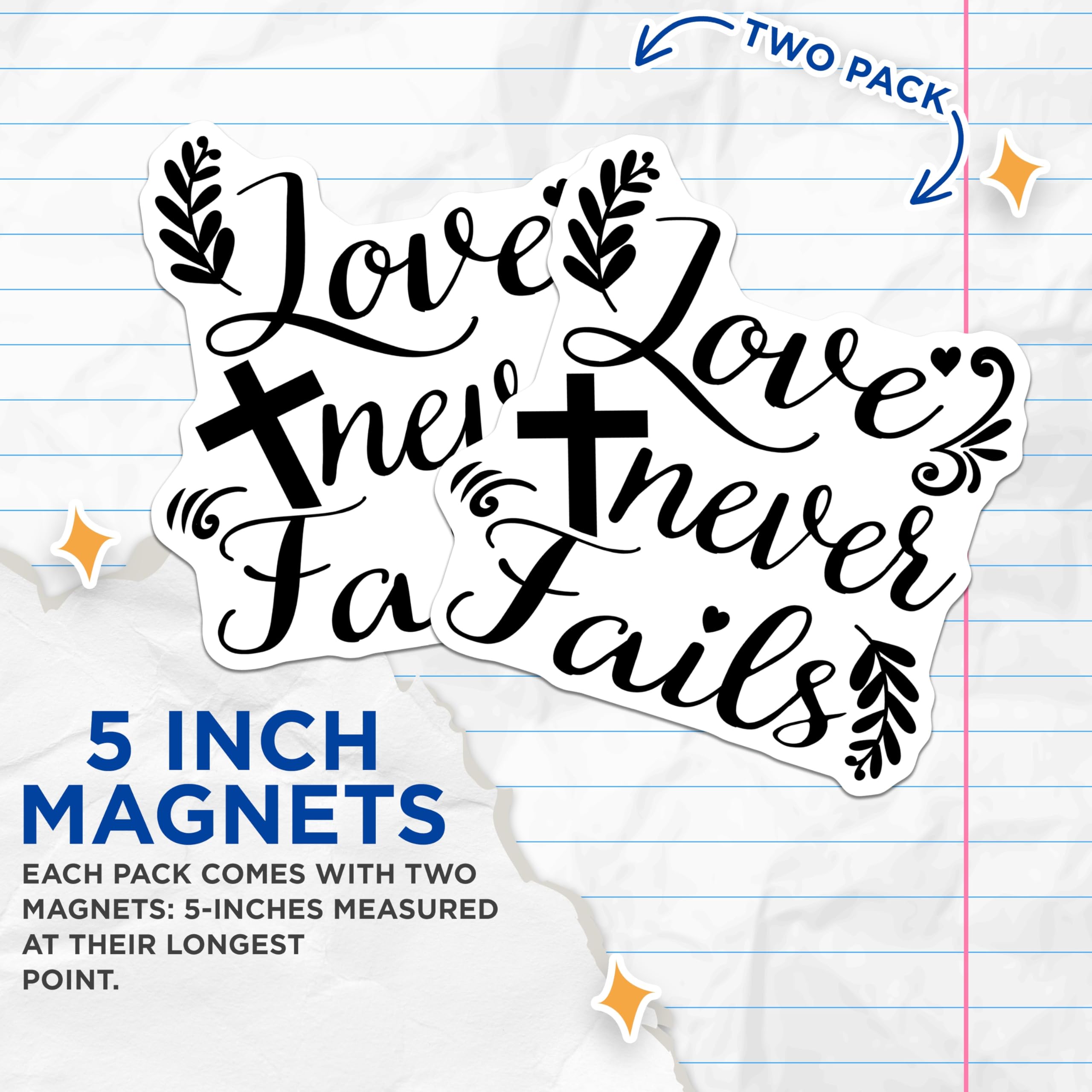(2 Pack) Love Never Fails Magnets - Inspirational Fridge Magnets - Christian Decor Home - 5" On Longest Side - Premium Magnet - for Cars, Refrigerators, Toolboxes, Lockers - Made in USA - MAG16573
