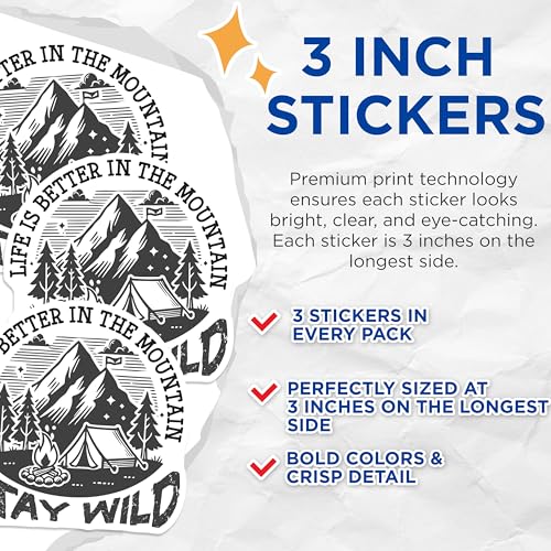 (3 Pack) Mountain Camping Decals - Adventure Outdoors Stickers - Stay Wild Decal - 3 Inches On Longest Side - Easy Peel & Apply - Made in USA - 3MCS4763