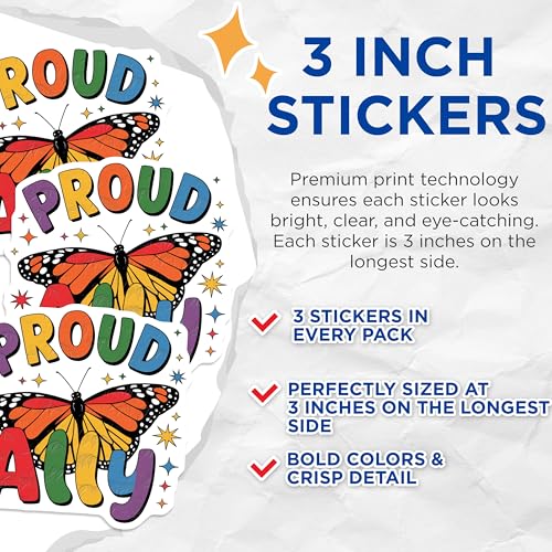 (3 Pack) Proud Ally Decals - Butterfly Pride - Rainbow Star Decals - 3 Inches On Longest Side - Easy Peel & Apply - Made in USA - 3MCS7922
