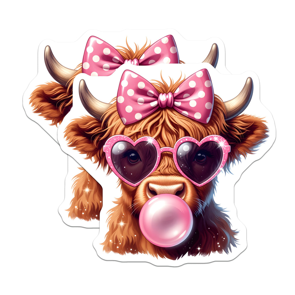 (2 Pack) Highland Cow Magnets - Cute Pink Bow Bubble Gum Fridge Decor - Funny Animal Lover Accessory - 5 Inches On Longest Side - Thick Durable Magnet - Made in USA - MAG38436
