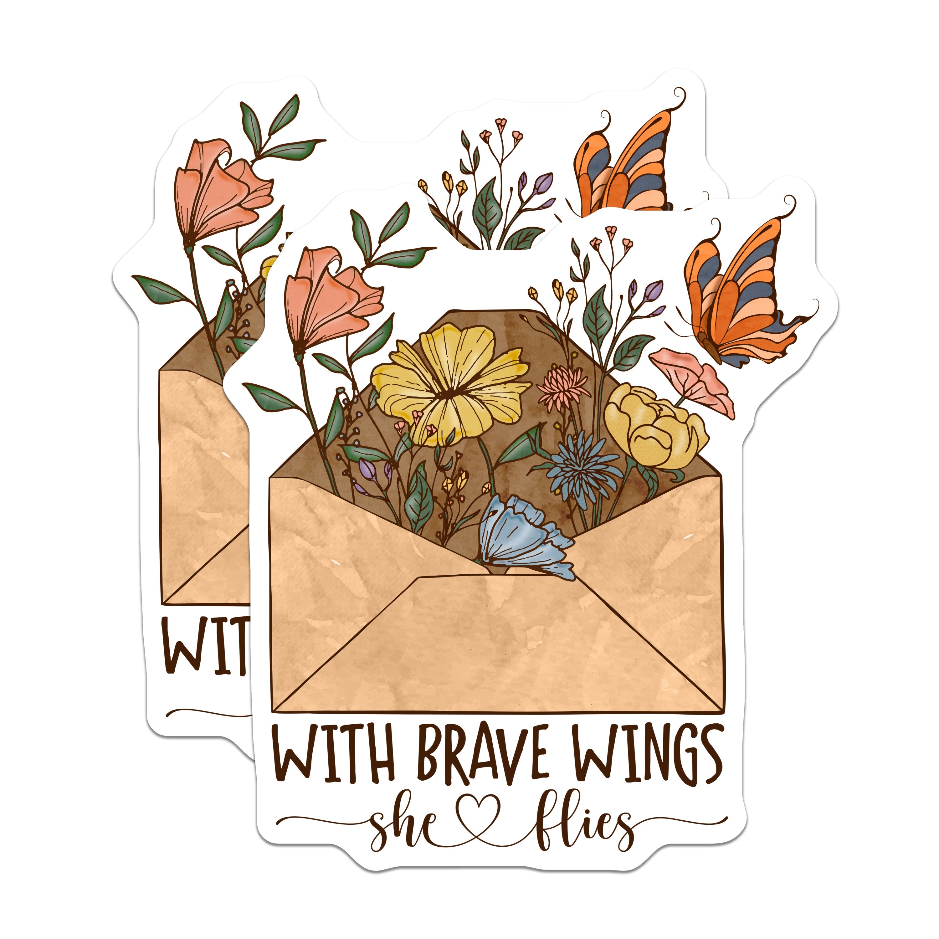 (2 Pack) Brave Wings She Flies Magnets - Inspirational Floral Envelope - Butterfly Art Decor - 5 Inches On Longest Side - Thick Durable Magnet - Made in USA - MAG37227