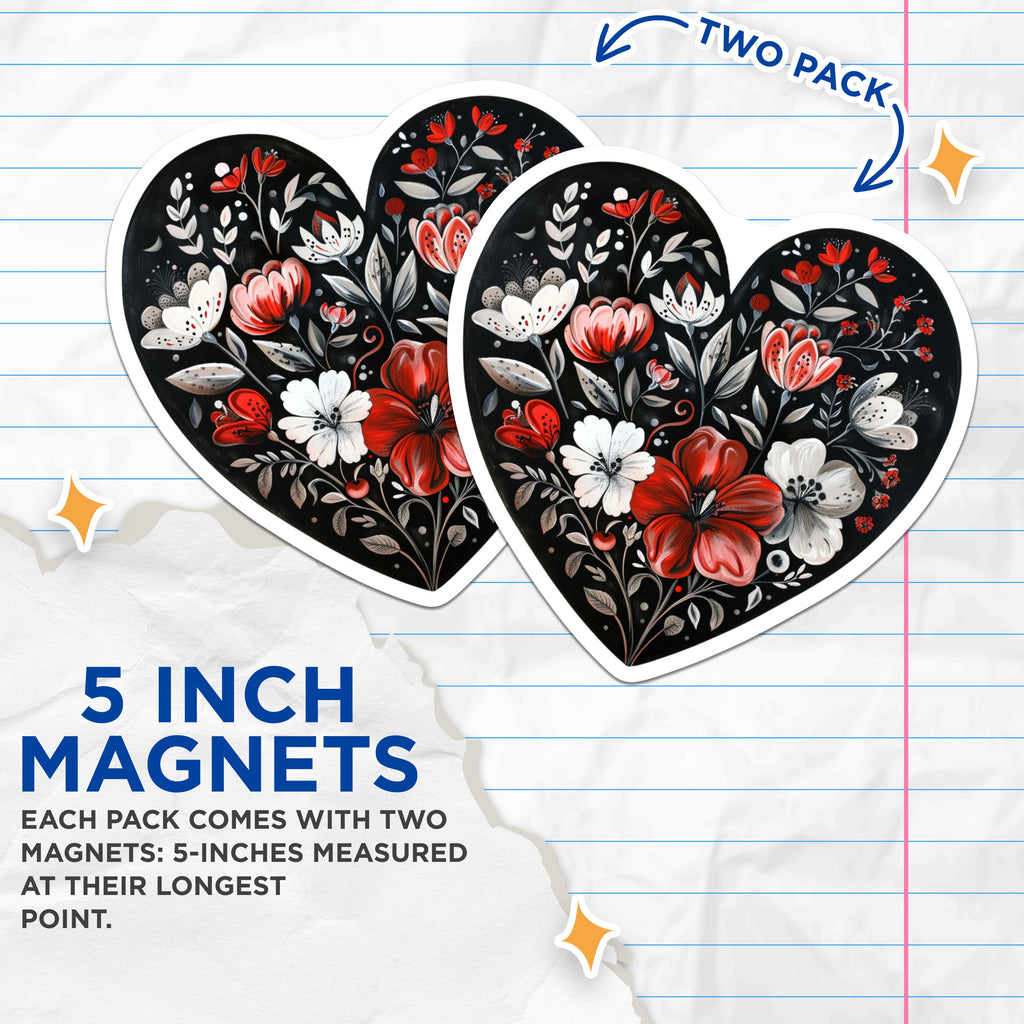 (2 Pack) Heart Floral Magnets - Folk Art Design - Botanical Kitchen Decor Accent - 5 Inches On Longest Side - Thick Durable Magnet - Made in USA - MAG36668