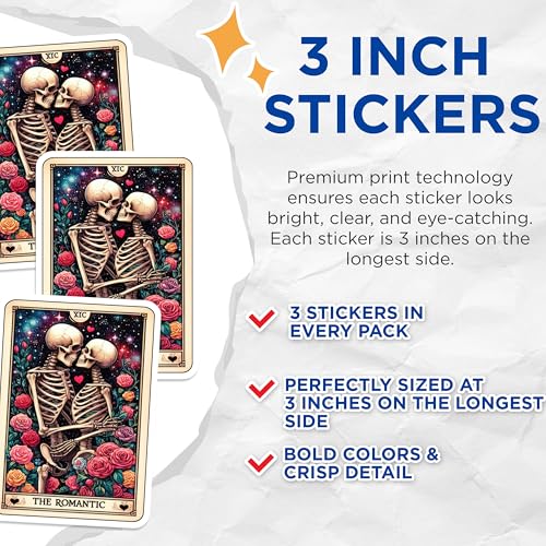 (3 Pack) Romantic Skeletons Decals - Tarot Card Decal - Love Decal - 3 Inches On Longest Side - Easy Peel & Apply - Made in USA - 3MCS4257