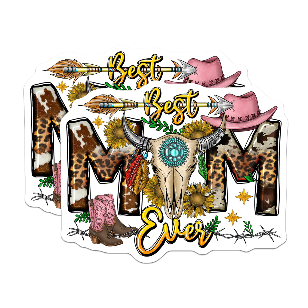 (2 Pack) Western Mom Magnets - Best Mom Ever - Cowgirl Sunflower Boho Bull Skull Decor - 5 Inches On Longest Side - Thick Durable Magnet - Made in USA - MAG29821