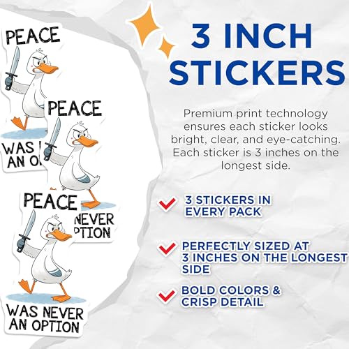 (3 Pack) Angry Duck Decals - Funny Goose - Peace was Never an Option - 3 Inches On Longest Side - Easy Peel & Apply - Made in USA - 3MCS2090