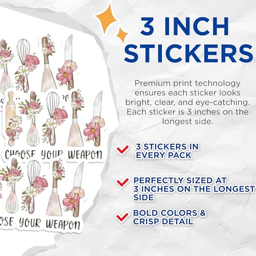 (3 Pack) Choose Your Weapon Decals - Floral Kitchen Tools - Baker Decals - 3 Inches On Longest Side - Easy Peel & Apply - Made in USA - 3MCS1667