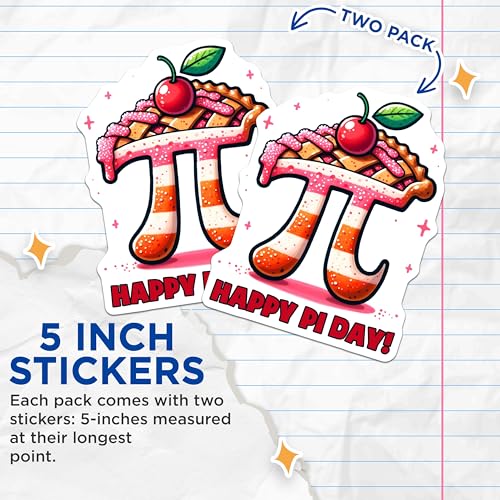 (2 Pack) Happy Pi Day Stickers - Math Inspired - Cherry Pie Theme - 5" On Longest Side - Sticks to Smooth Flat Surfaces - Made in USA - BMCS8168