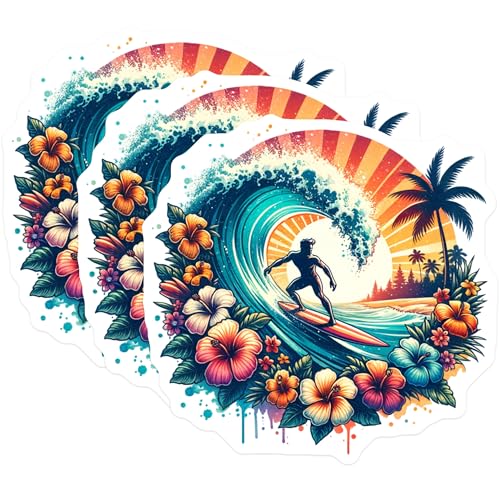 (3 Pack) Surfing Decals - Tropical Wave - Hibiscus Flower Art- 3 Inches On Longest Side - Easy Peel & Apply - Made in USA - 3MCS5214