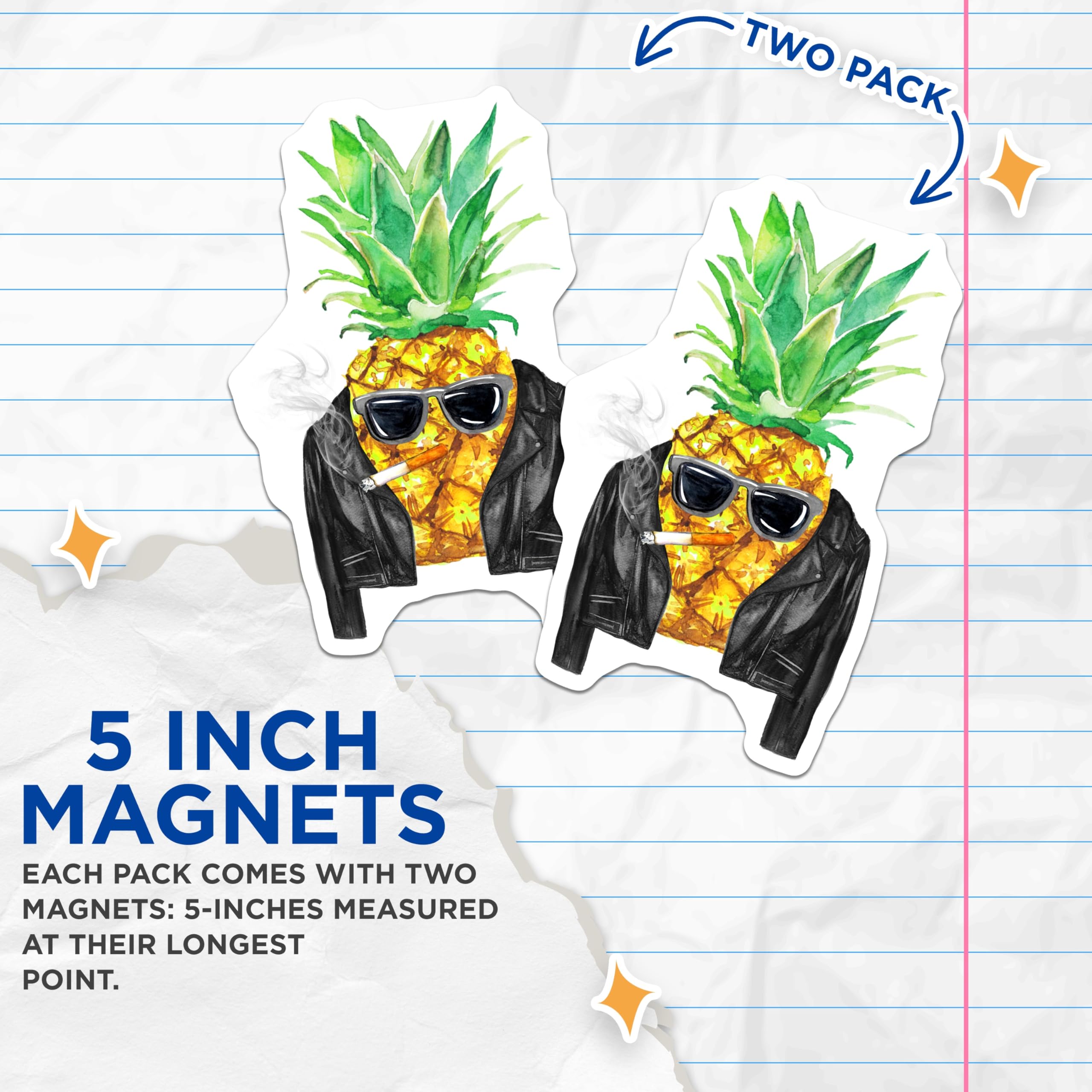 (2 Pack) Pineapple Cool Magnets - Smoking Pineapple - Rocker Pineapple Illustration - 5" On Longest Side - Premium Magnet - for Cars, Refrigerators, Toolboxes, Lockers - Made in USA - MAG16760
