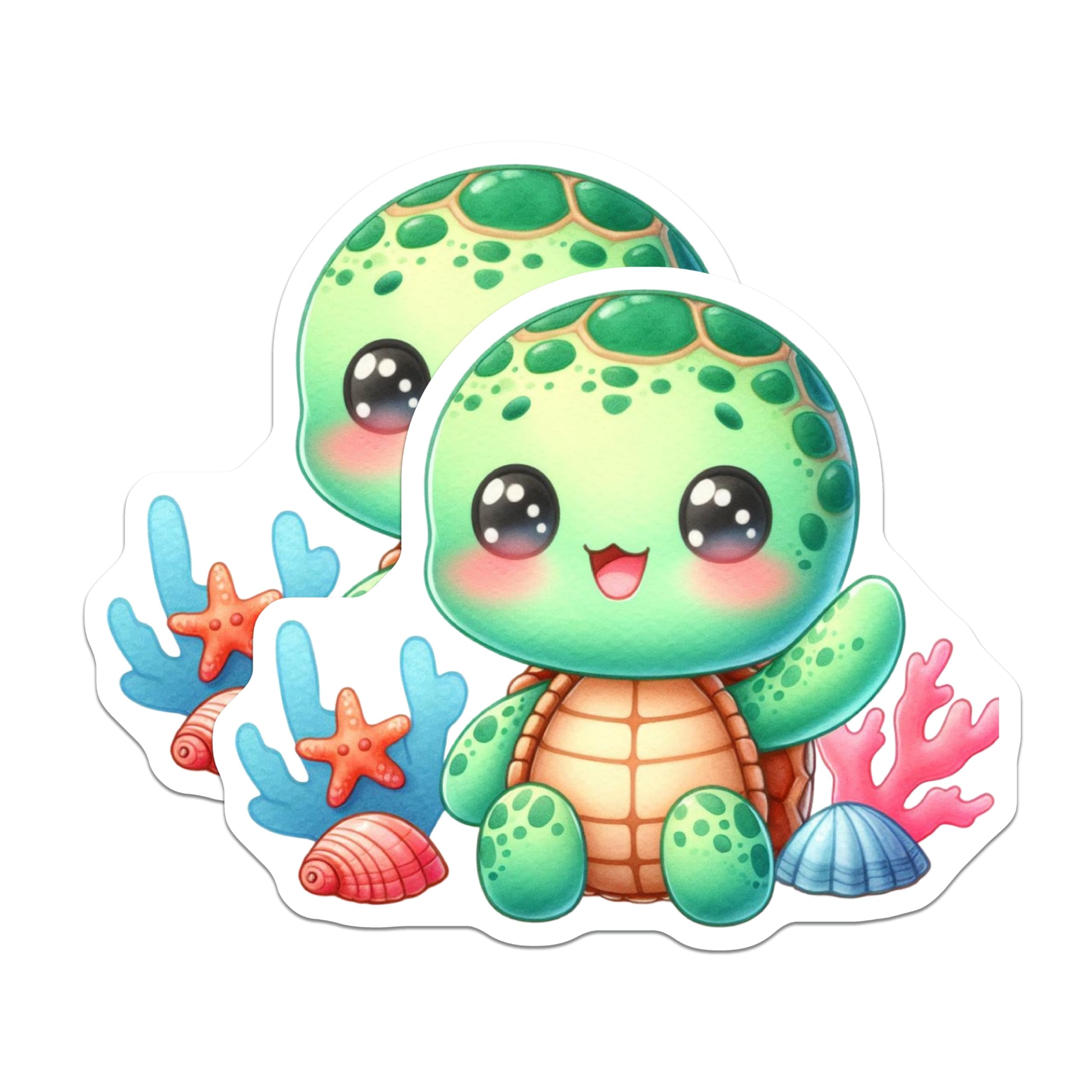 (2 Pack) Kawaii Sea Turtle Magnets - Adorable Ocean Creature Refrigerator Decor - Starfish Coral Shell Art - 5 Inches On Longest Side - Thick Durable Magnet - Made in USA - MAG20893