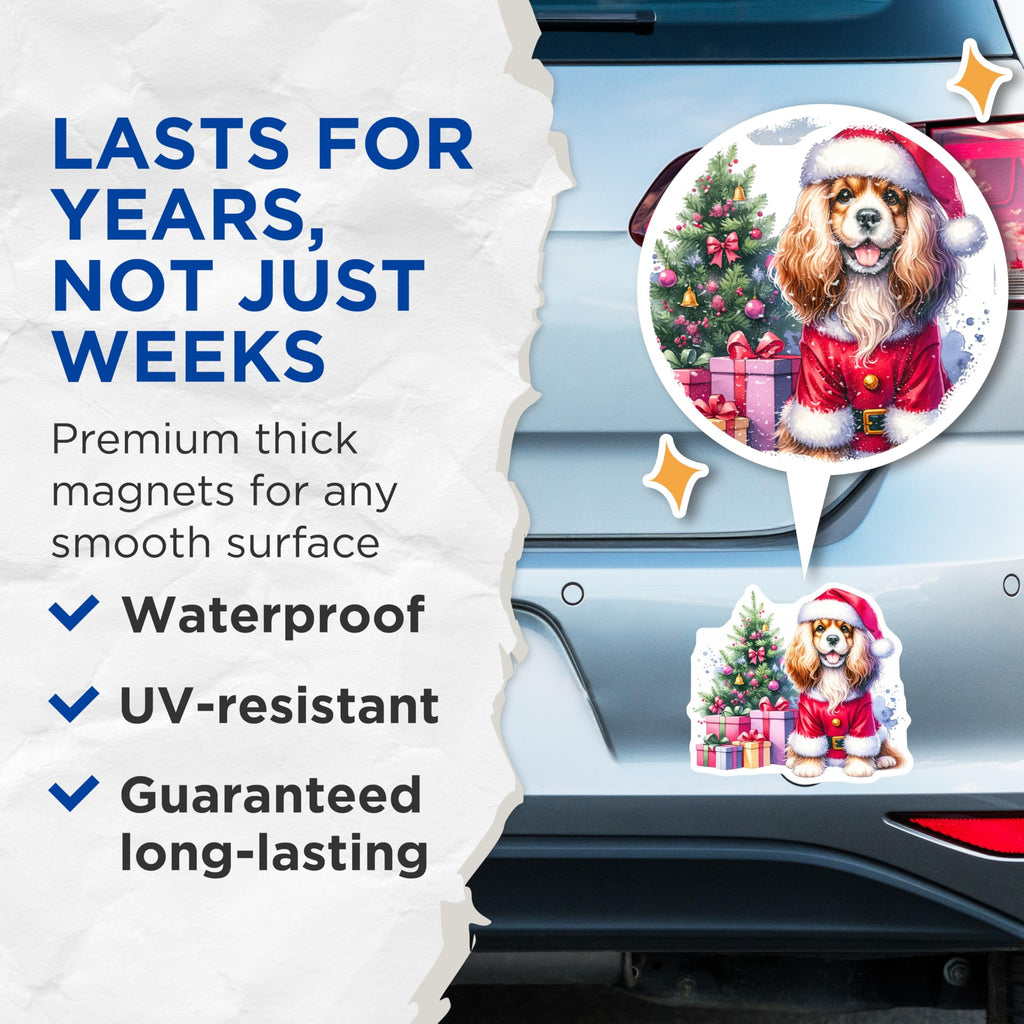 (2 Pack) Cocker Spaniel Christmas Magnets - Santa Dog Holiday Decor - Festive Animal Refrigerator Art - Xmas Puppy Joy - 5 Inches On Longest Side - Thick Durable Magnet - Made in USA - MAG26845