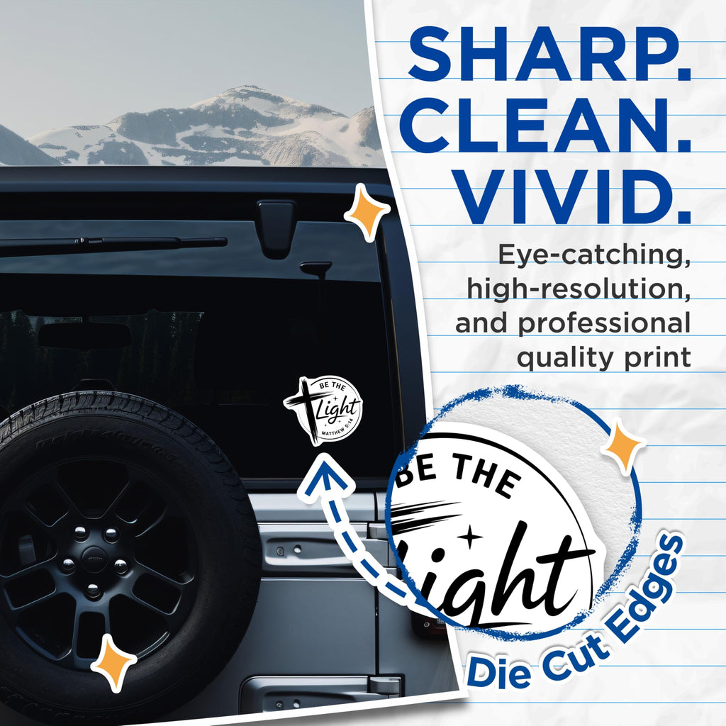 (2 Pack) Be The Light Stickers - Christian Stickers - Matthew 5 14 Stickers - 5" On Longest Side - Sticks to Smooth Flat Surfaces - Made in USA - BMCS14657