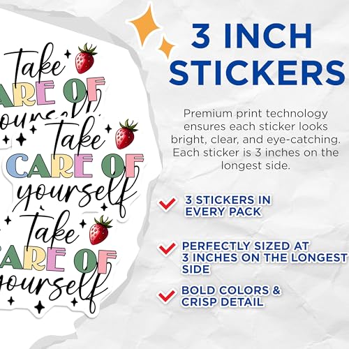 (3 Pack) Take Care of Yourself Decals - Motivational Decals - Strawberry Decal - 3 Inches On Longest Side - Easy Peel & Apply - Made in USA - 3MCS7009
