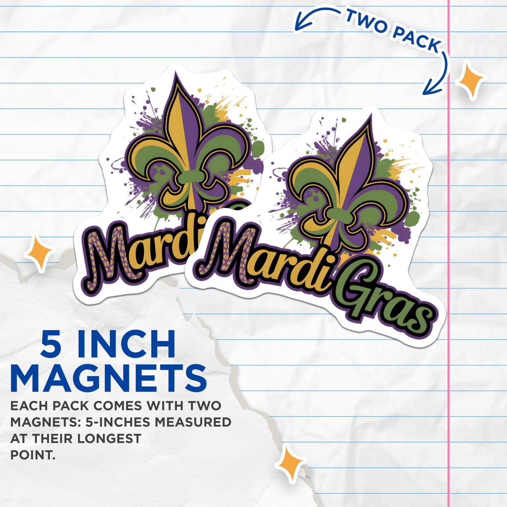 (2 Pack) Mardi Gras Magnets - Fleur De Lis - Carnival Celebration Decor - 5" On Longest Side - Premium Magnet - for Cars, Refrigerators, Toolboxes, Lockers - Made in USA - MAG14915