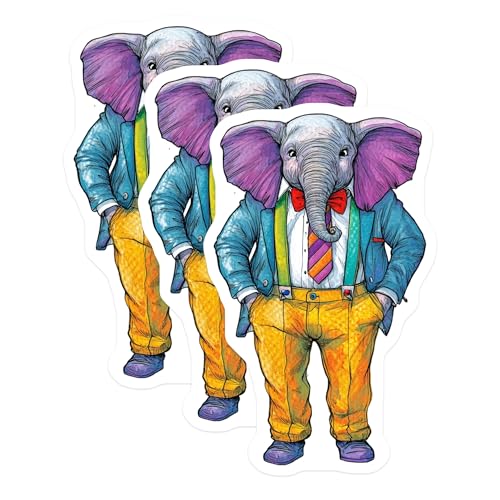 (3 Pack) Dressed Elephant Decals - Animal Decals - Funny Animal Art - 3 Inches On Longest Side - Easy Peel & Apply - Made in USA - 3MCS8272