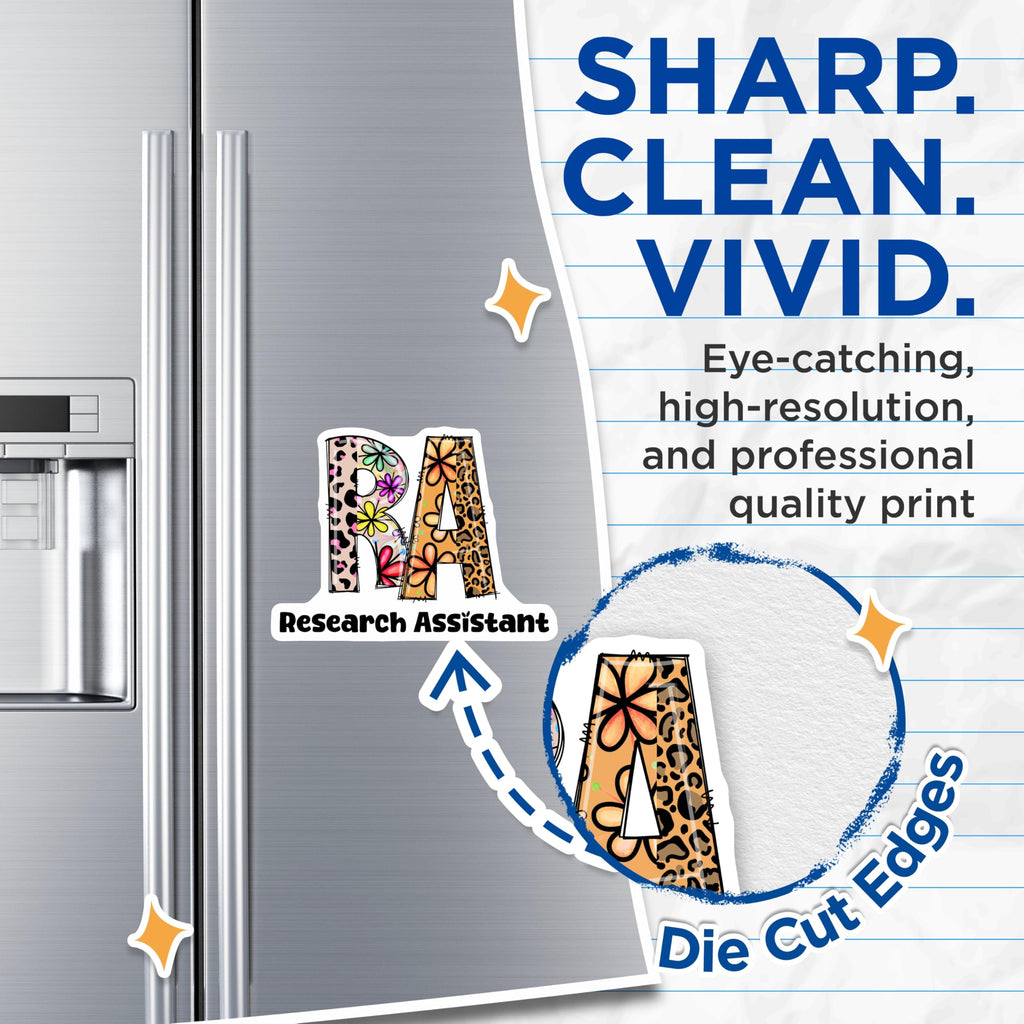 (2 Pack) Research Assistant Magnets - Floral Leopard Print RA - Academic Profession Decor - 5" On Longest Side - Premium Magnet - for Cars, Refrigerators, Toolboxes, Lockers - Made in USA - MAG15292