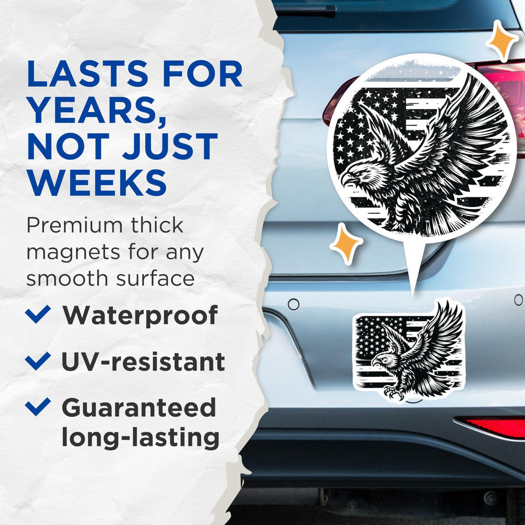(2 Pack) Eagle US Flag Magnets - Patriotic Decor - American Pride Refrigerator Decorations - 5" On Longest Side - Premium Magnet - for Cars, Refrigerators, Toolboxes, Lockers - Made in USA - MAG16553