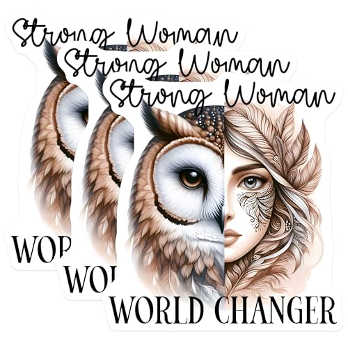 (3 Pack) Strong Woman World Changer Decals - Owl Decals - Empowering Woman Laptop Decal - 3 Inches On Longest Side - Easy Peel & Apply - Made in USA - 3MCS7999