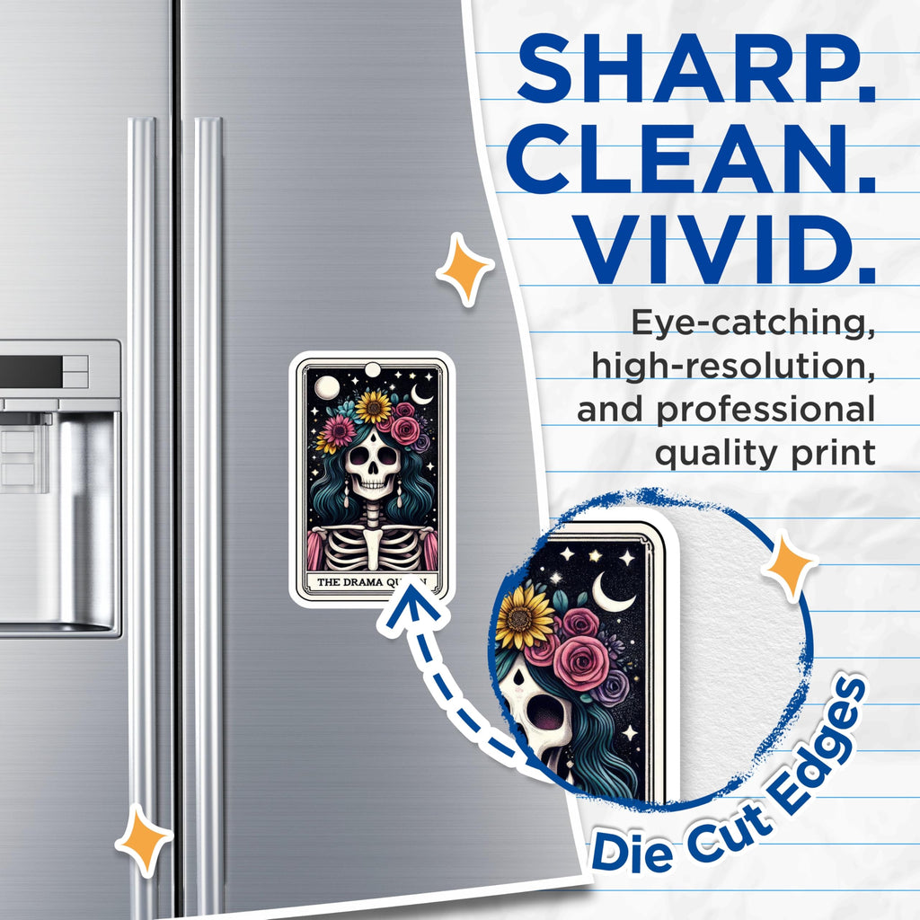 (2 Pack) The Drama Queen Skeleton Magnets - Floral Crown Skull Tarot Card Artwork - Mystical Witchy Refrigerator Decor - 5 Inches On Longest Side - Thick Durable Magnet - Made in USA - MAG22326
