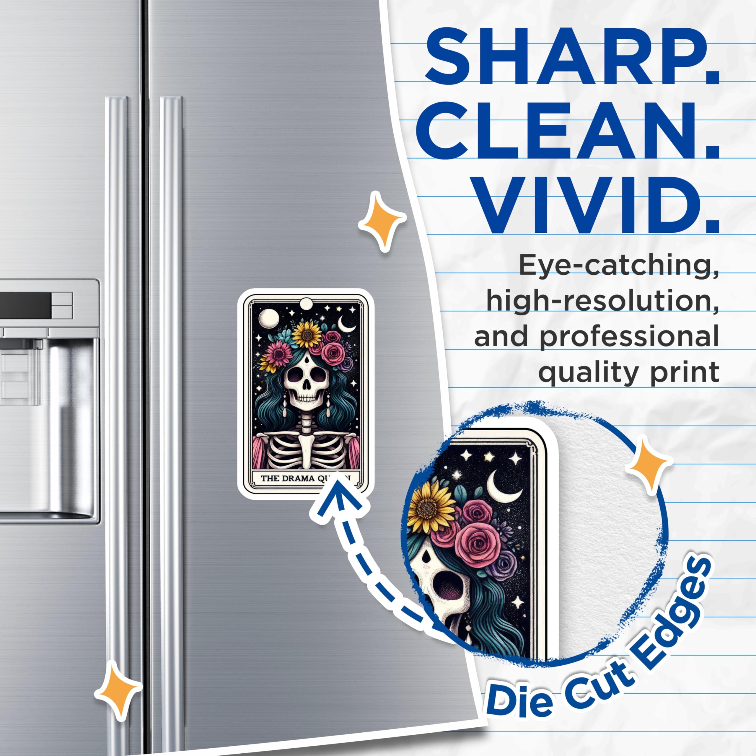 (2 Pack) The Drama Queen Skeleton Magnets - Floral Crown Skull Tarot Card Artwork - Mystical Witchy Refrigerator Decor - 5 Inches On Longest Side - Thick Durable Magnet - Made in USA - MAG22326