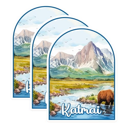 (3 Pack) Katmai National Park Decals - Alaskan Scenery - Brown Bear Decals - 3 Inches On Longest Side - Easy Peel & Apply - Made in USA - 3MCS0412