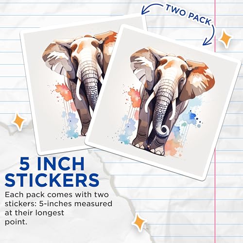 (2 Pack) Elephant Art Stickers - Animal Illustration - Colorful Elephant Decals - 5" On Longest Side - Sticks to Smooth Flat Surfaces - Made in USA - BMCS8685