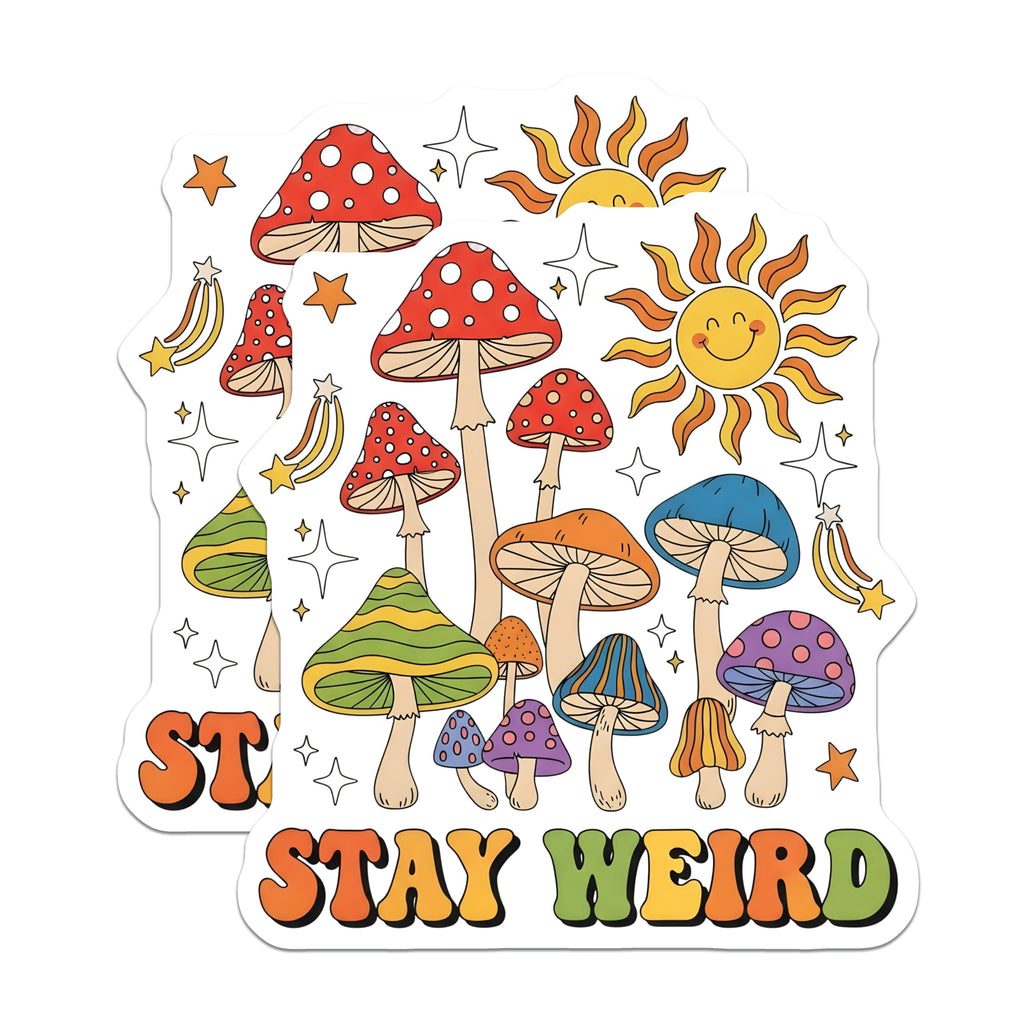 (2 Pack) Mushroom Stay Weird Magnets - Retro Sun Star Decor - Quirky Refrigerator Magnet - 5" On Longest Side - Premium Magnet - for Cars, Refrigerators, Toolboxes, Lockers - Made in USA - MAG17818
