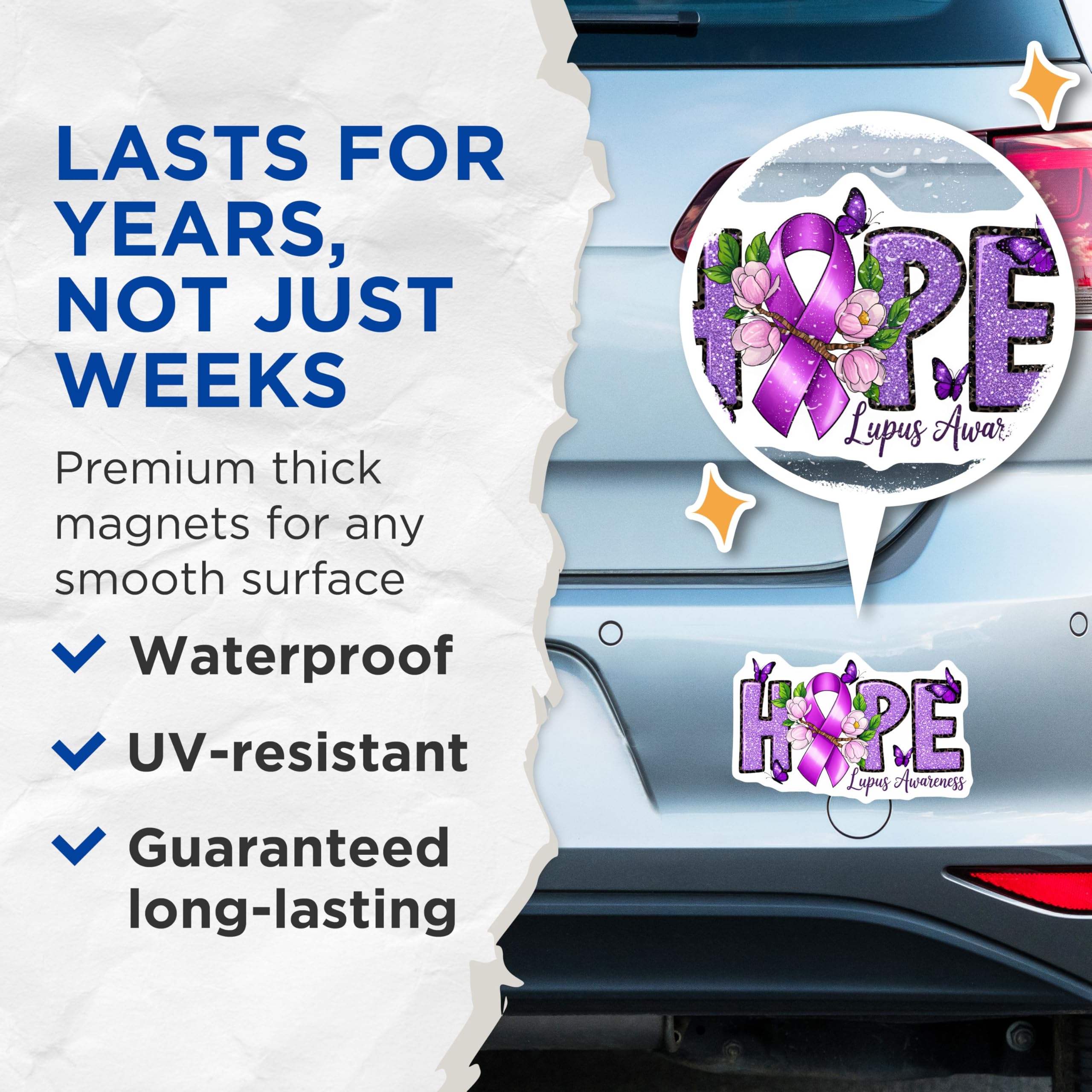 (2 Pack) Lupus Awareness Magnets - Hope Purple Ribbon - Butterfly Flower Warrior Support - 5 Inches On Longest Side - Thick Durable Magnet - Made in USA - MAG27934