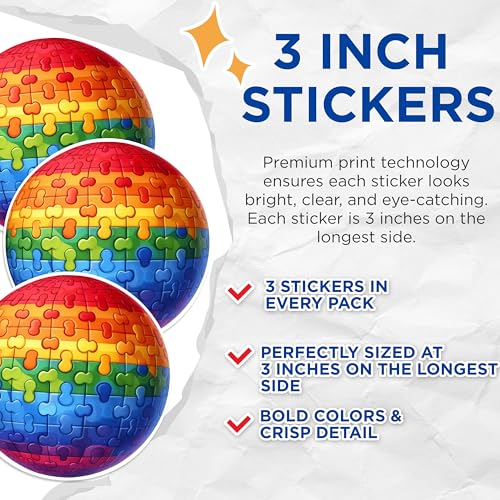 (3 Pack) Rainbow Puzzle Decals - Globe Decals - Laptop Decal - 3 Inches On Longest Side - Easy Peel & Apply - Made in USA - 3MCS0996
