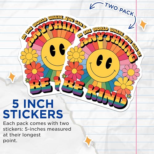 (2 Pack) Be Kind Stickers - Inspirational Quotes Stickers - Happy Sunflower Stickers - Bright Flower Stickers - 5" On Longest Side - Sticks to Smooth Flat Surfaces - Made in USA - BMCS3897