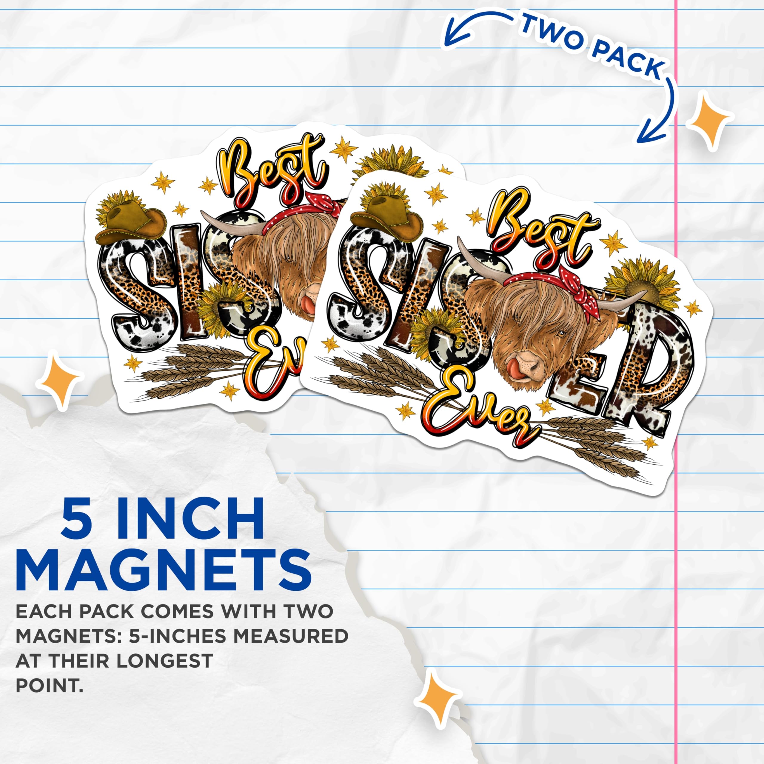 (2 Pack) Best Sister Ever Highland Cow Magnets - Western Farmhouse Decor - Country Cowgirl Sunflowers Art - 5 Inches On Longest Side - Thick Durable Magnet - Made in USA - MAG30061