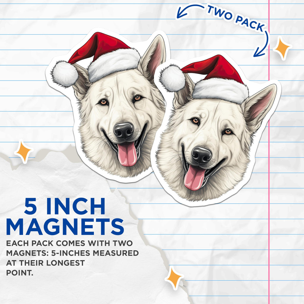 (2 Pack) White German Shepherd Christmas Magnets - Dog Holiday Decor - Pet Lover Home Accent - 5 Inches On Longest Side - Thick Durable Magnet - Made in USA - MAG26324