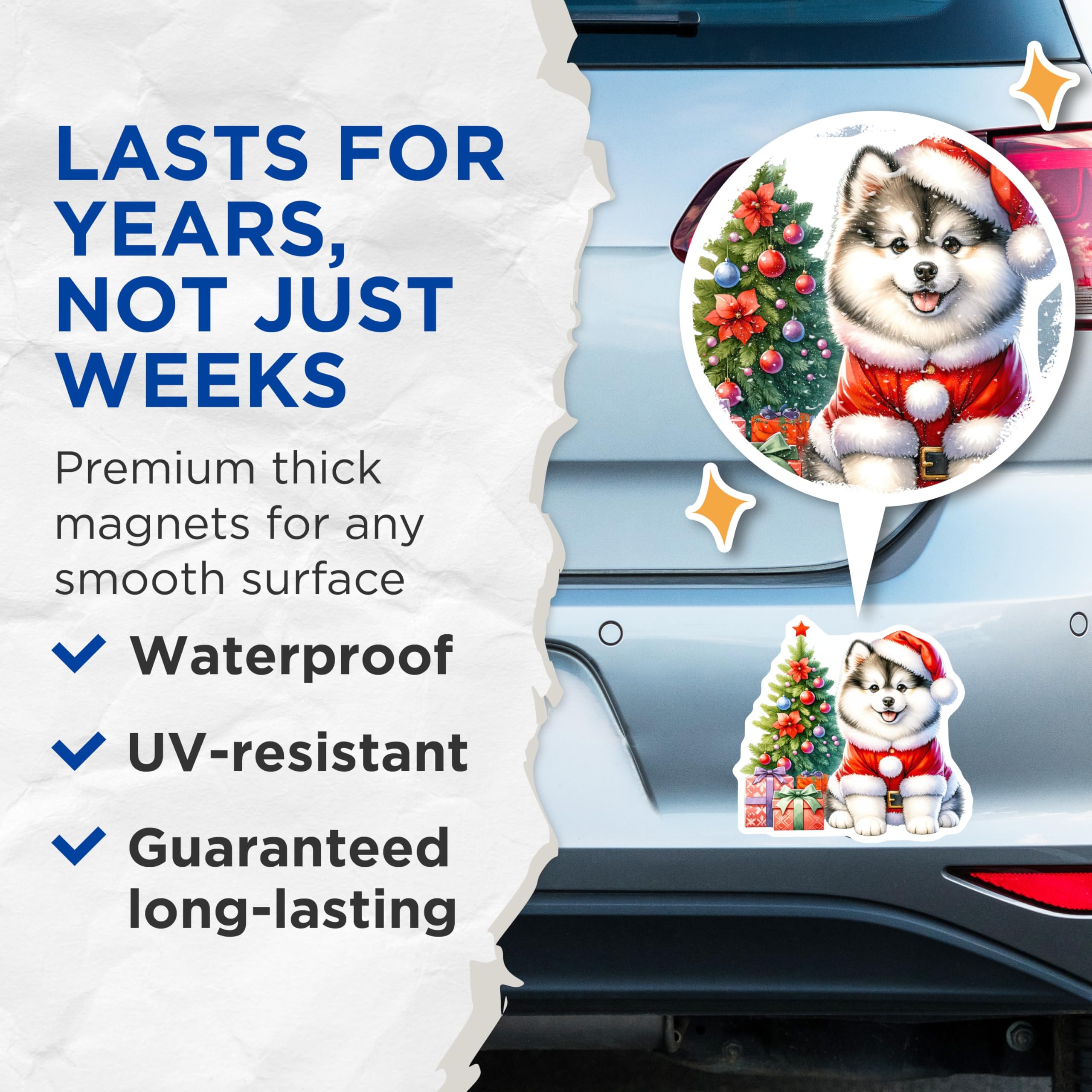 (2 Pack) Santa Dog Magnets - Christmas Puppy Holiday Decor - Festive Pet Lover Presents - Cute Fluffy Dog - 5 Inches On Longest Side - Thick Durable Magnet - Made in USA - MAG26378