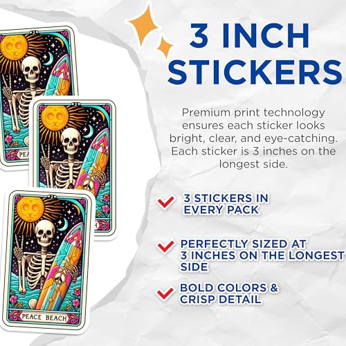 (3 Pack) Peace Beach Decals - Skeleton Surfer Decal - Retro Surf Stickers - 3 Inches On Longest Side - Easy Peel & Apply - Made in USA - 3MCS4016