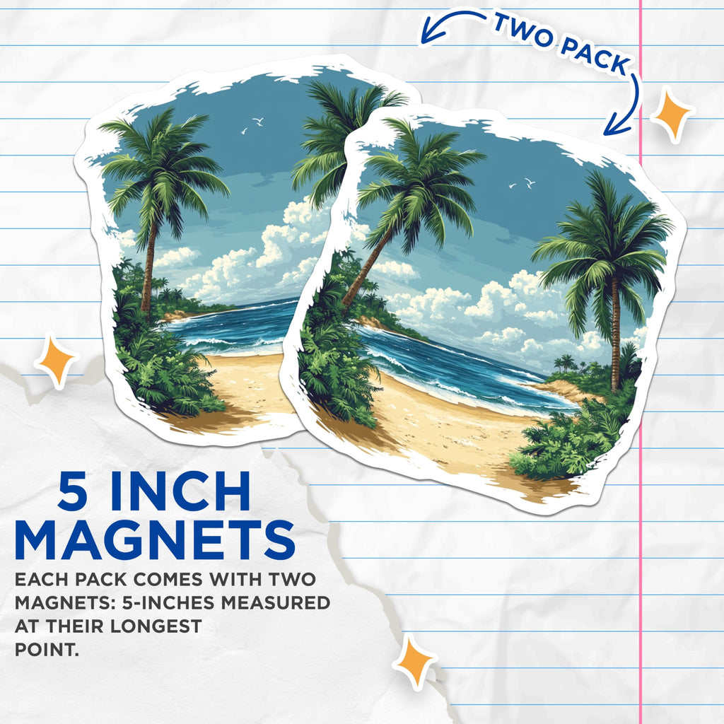 (2 Pack) Tropical Beach Magnets - Ocean View Decor - Palm Tree Summer Vibe - 5 Inches On Longest Side - Thick Durable Magnet - Made in USA - MAG28901