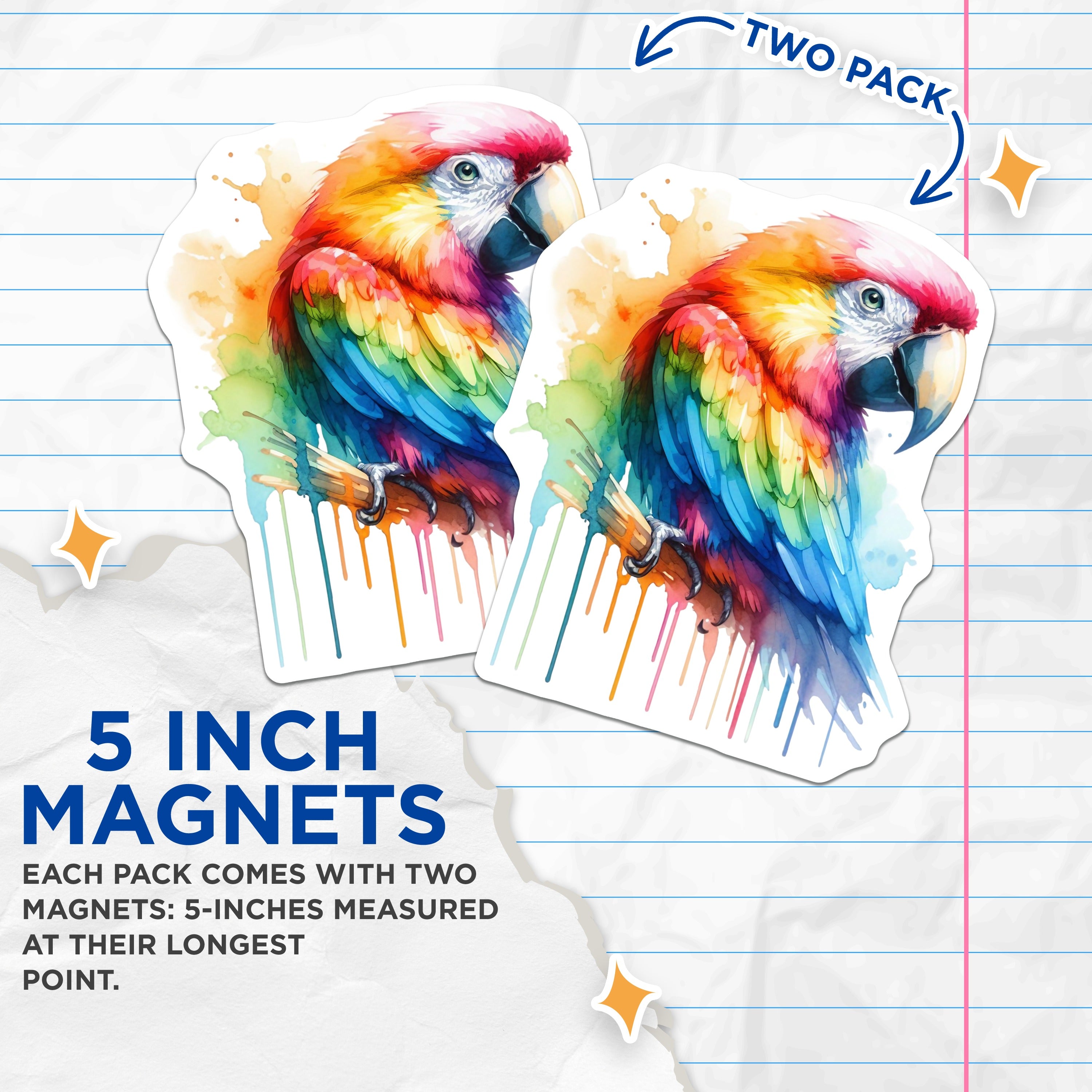 (2 Pack) Watercolor Parrot Magnets - Rainbow Macaw Art - Tropical Bird Decor - 5 Inches On Longest Side - Thick Durable Magnet - Made in USA - MAG38042