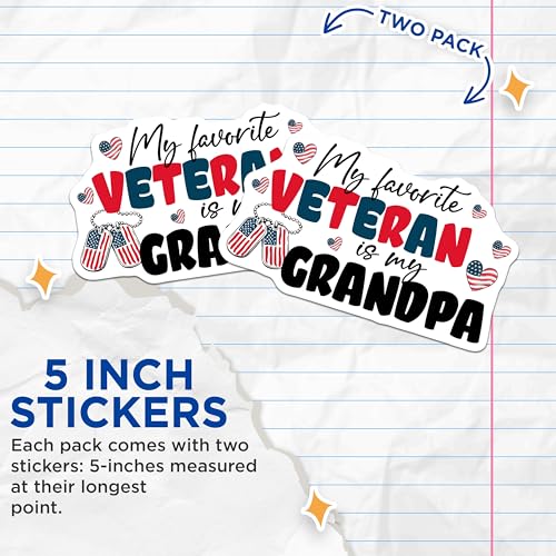 (2 Pack) Veteran Grandpa Stickers - My Favorite Veteran Decal - Military Family Pride Emblem - 5" On Longest Side - Sticks to Smooth Flat Surfaces - Made in USA - BMCS8370