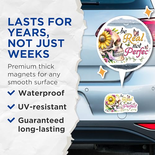 (2 Pack) Be Real Not Perfect Magnets - Skull Art - Inspirational Quote - Floral Skull Decor - 5" On Longest Side - for Cars, Fridges, Toolboxes - Made in USA - MAG7377